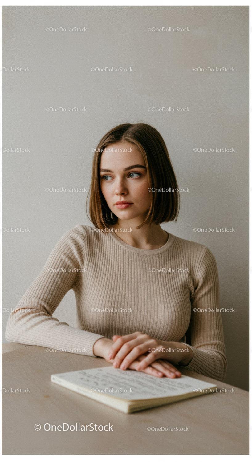 Portrait of a Young Woman in Beige Ribbed Sweater Reading a Book