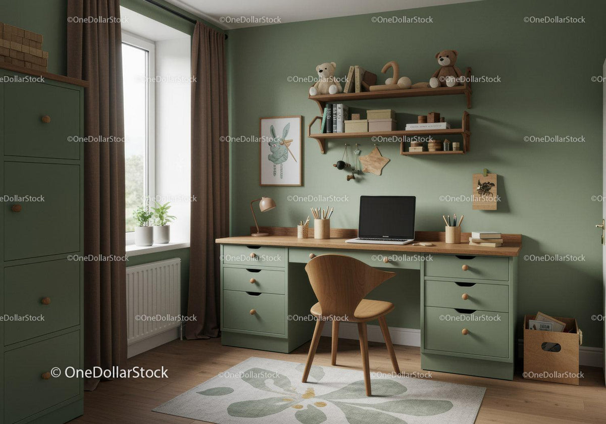 Cozy Green Home Office with Wooden Desk and Organizing Shelves