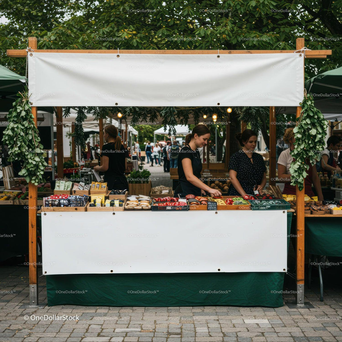 Vendors arranging fresh goods at outdoor market stall JPG Mockup Image preview