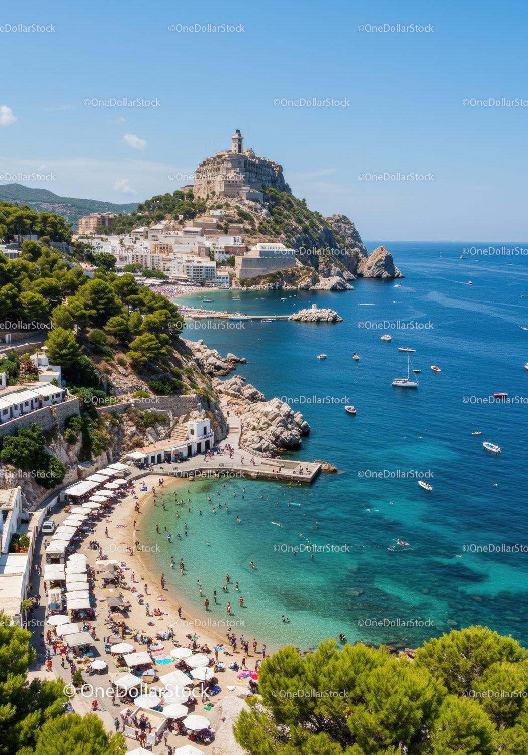 Scenic Coastal View with Hilltop Fortress and Sandy Beach