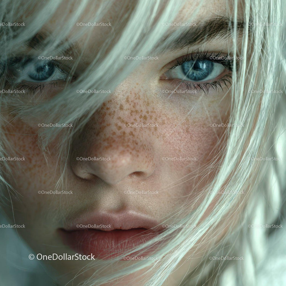 Close-Up of Freckled Woman with Blue Eyes and Blonde Hair