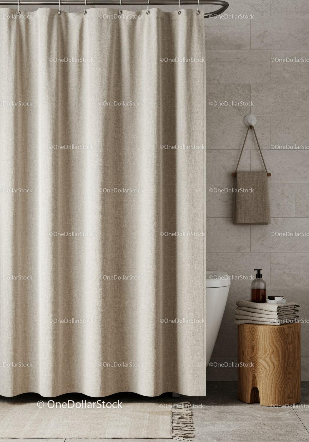 Beige Shower Curtain with Minimalist Bathroom Decor