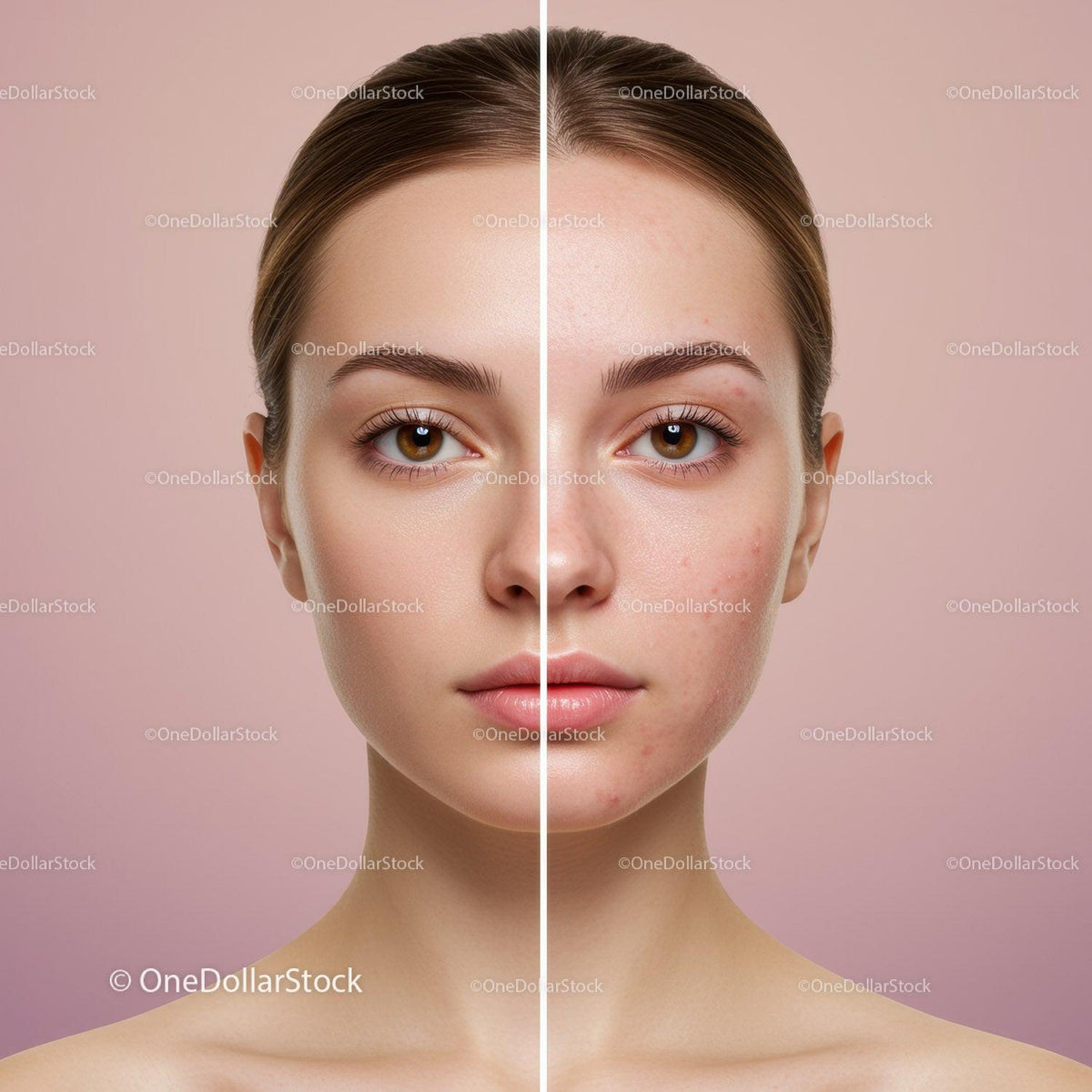 Half-face Portrait of Woman with Clear and Acne-prone Skin