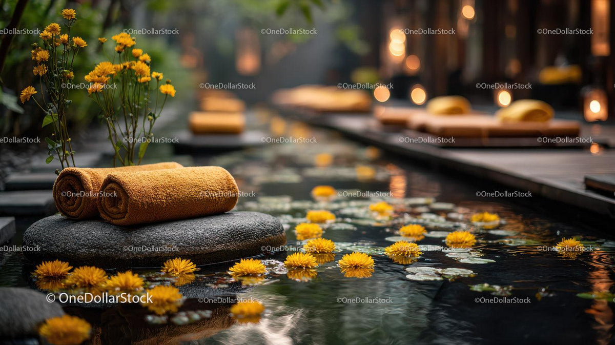 Serene Outdoor Spa Scene with Yellow Towel and Water Lilies Stock Photo Bundle preview 35
