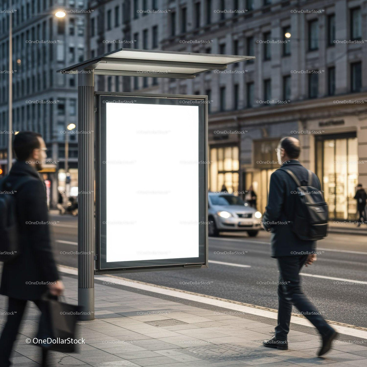 Blank illuminated city bus stop advertisement at dusk JPG Mockup Image preview