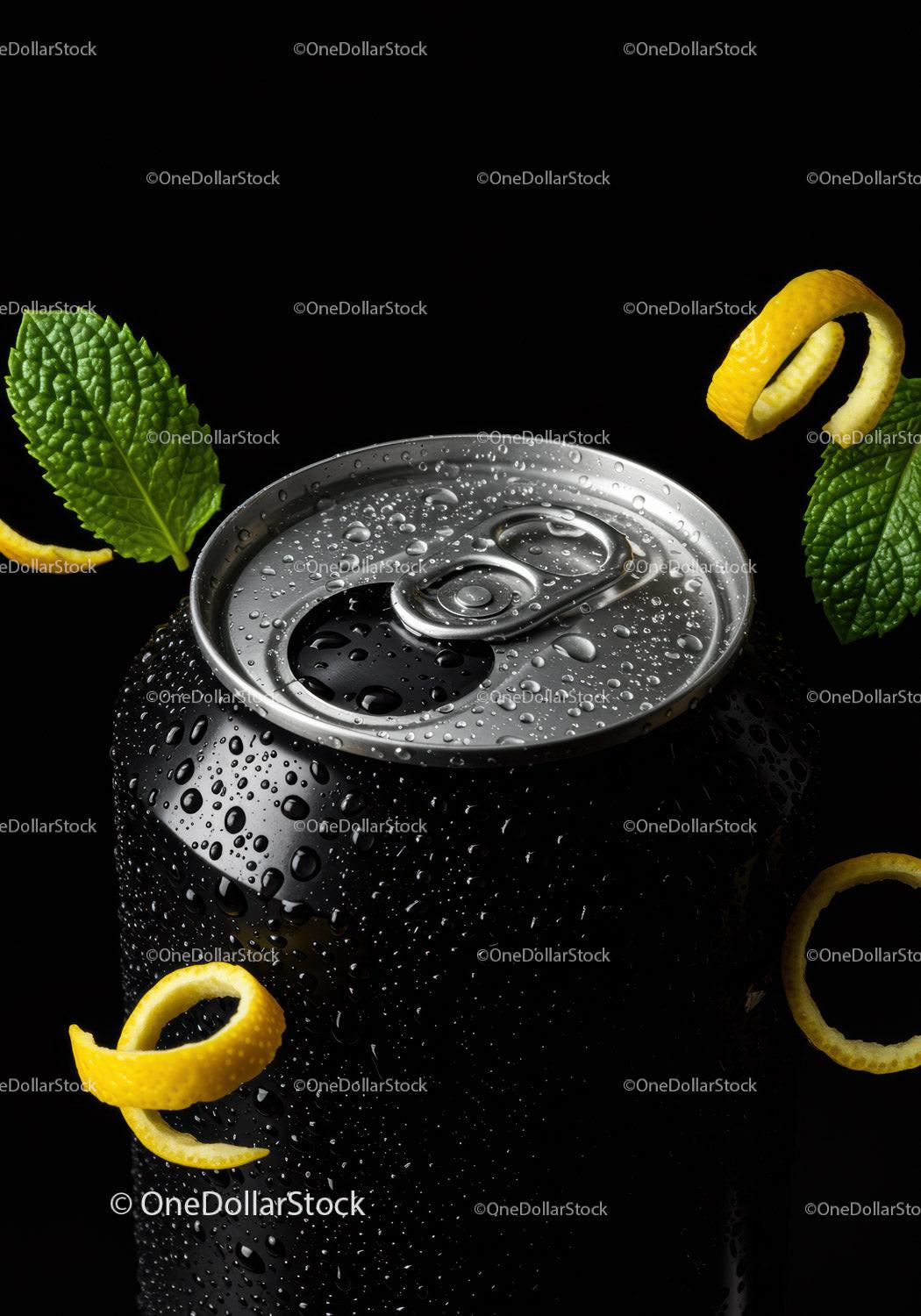 Refreshing Black Soda Can with Lemon Peel and Mint Leaves