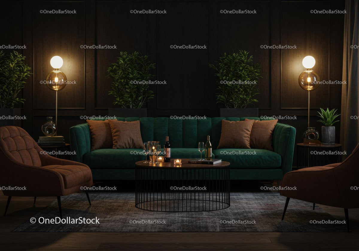 Cozy living room with green sofa and warm lighting