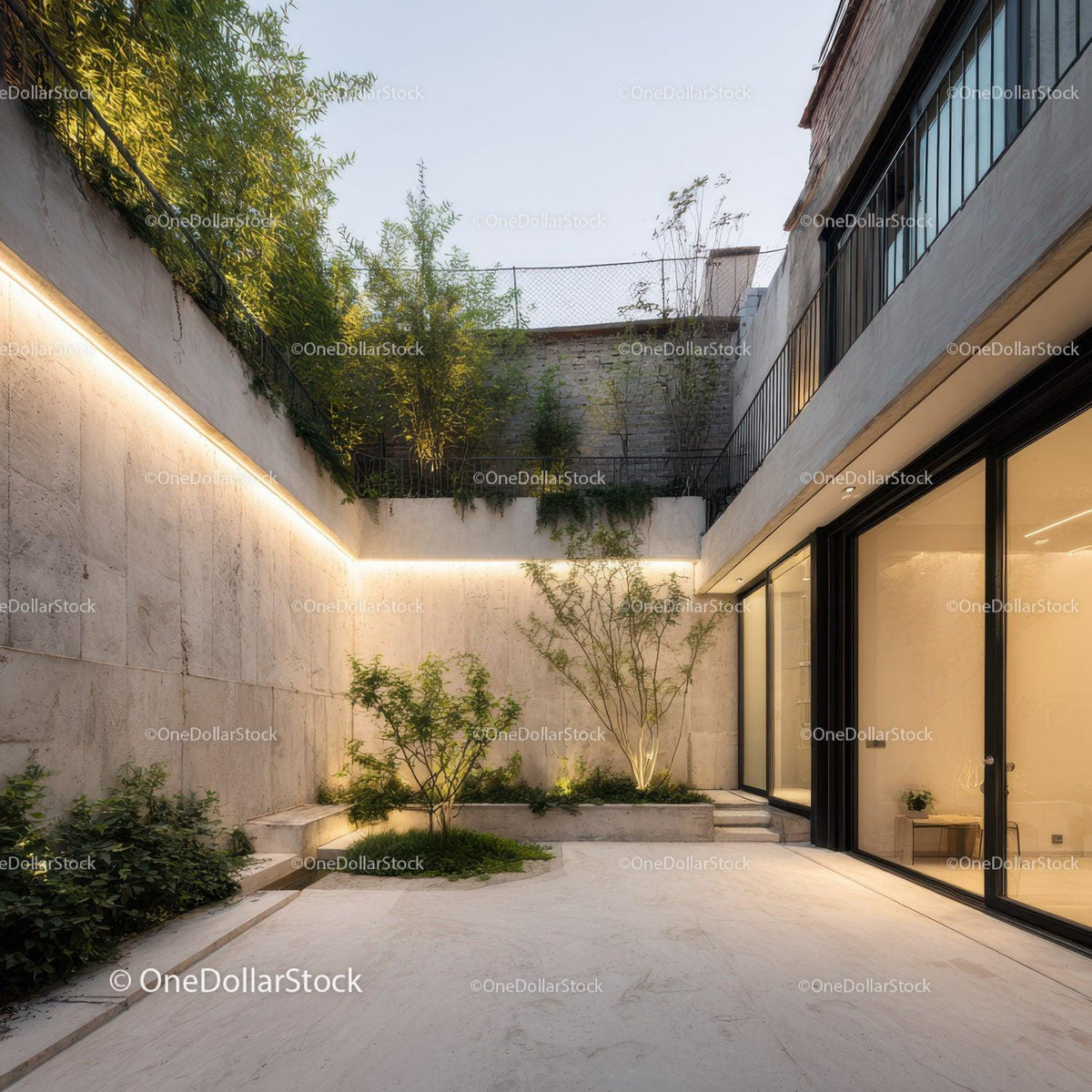 Modern Minimalist Courtyard with Green Plants and Ambient Lighting