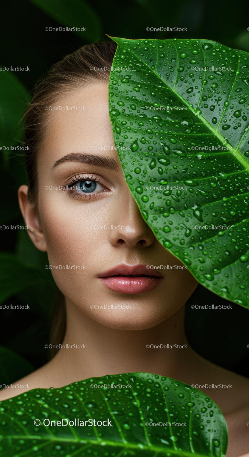 Close-up of a Woman with Blue Eye Surrounded by Dewy Green Leaves