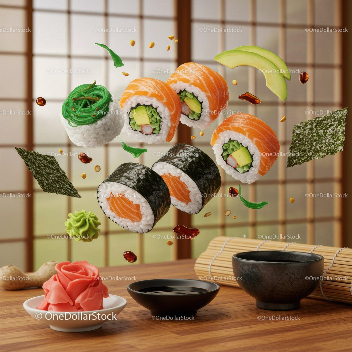 Assorted sushi rolls with dipping sauce and garnishes