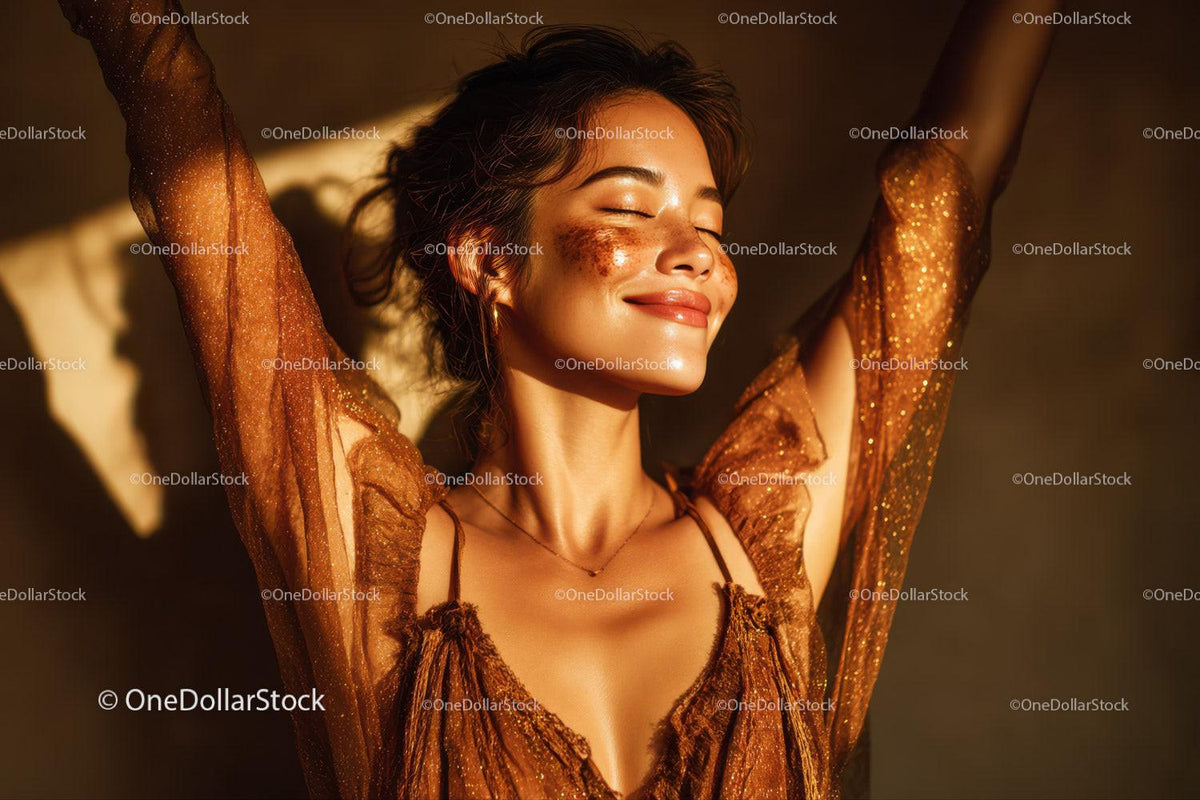 Sunlit Woman with Freckles Smiling in Warm Golden Light