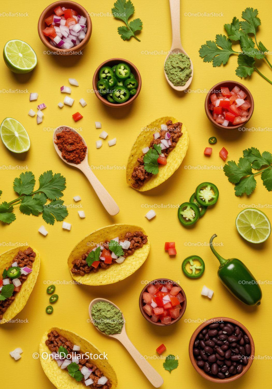 Delicious Mini Tacos with Fresh Ingredients on Yellow Background