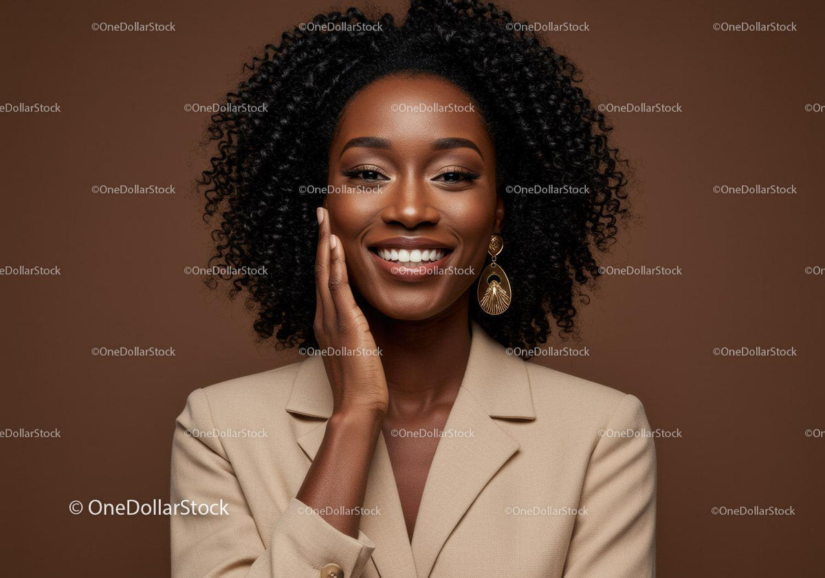 Elegant African American Woman with Curly Hair in Beige Blazer