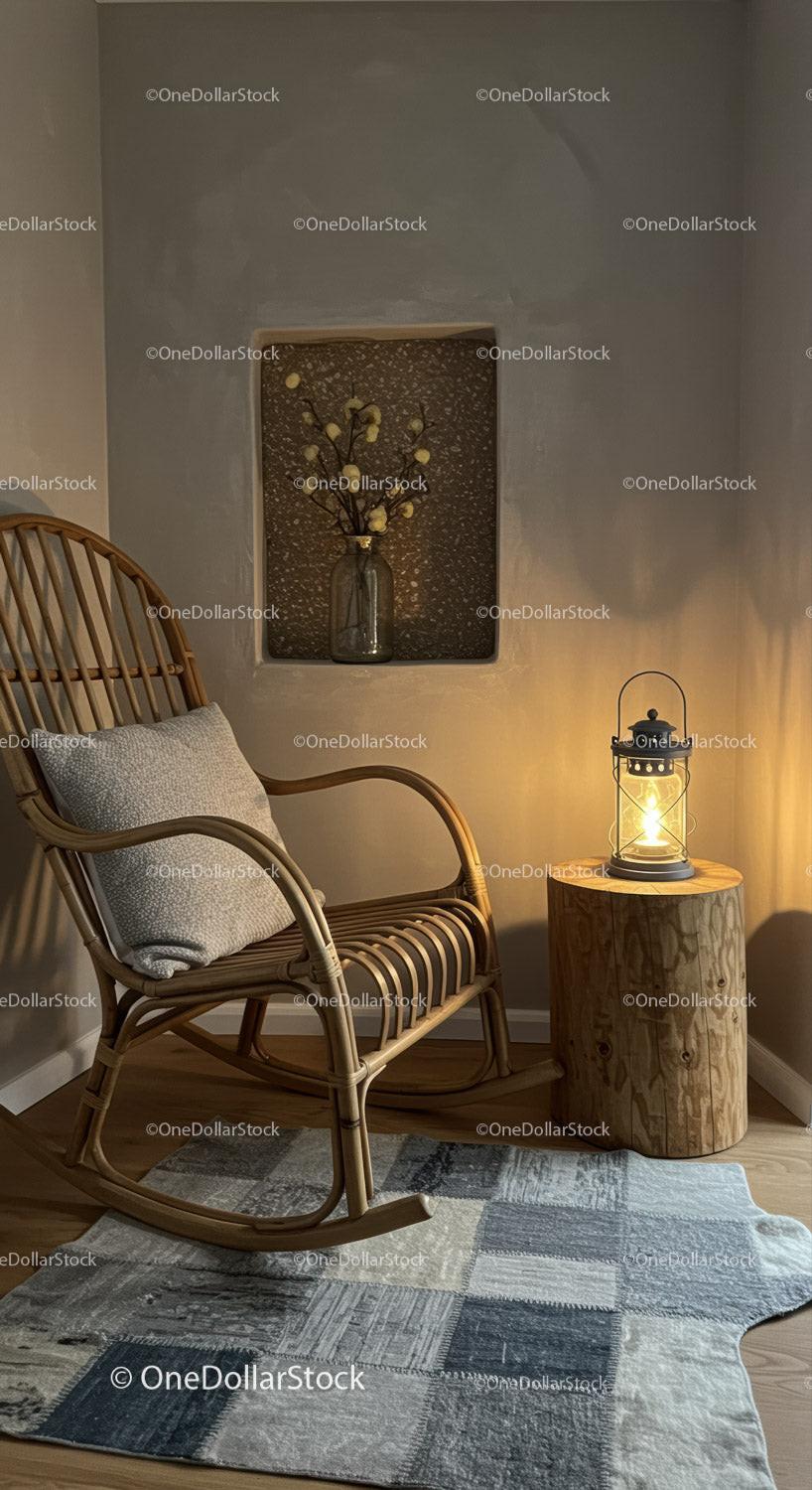 Cozy corner with rattan rocking chair and rustic lamp