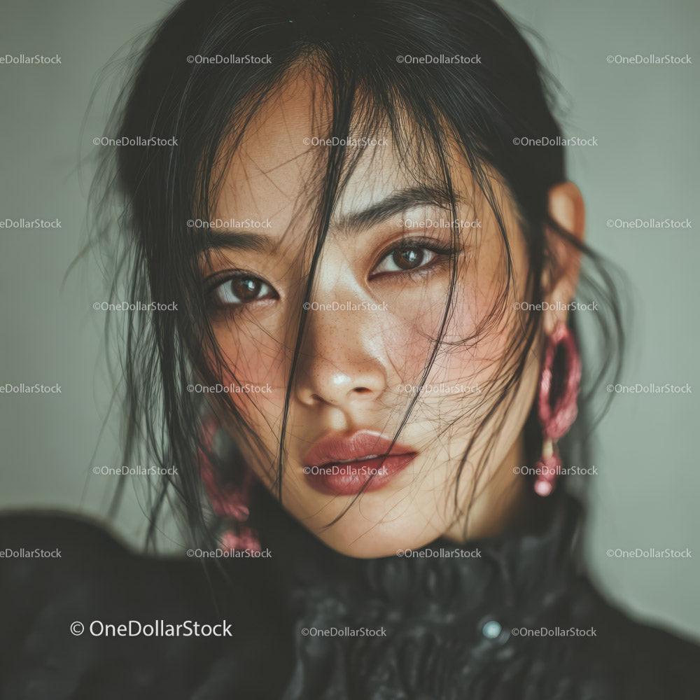 Portrait of Young Woman with Expressive Eyes and Wet Hair