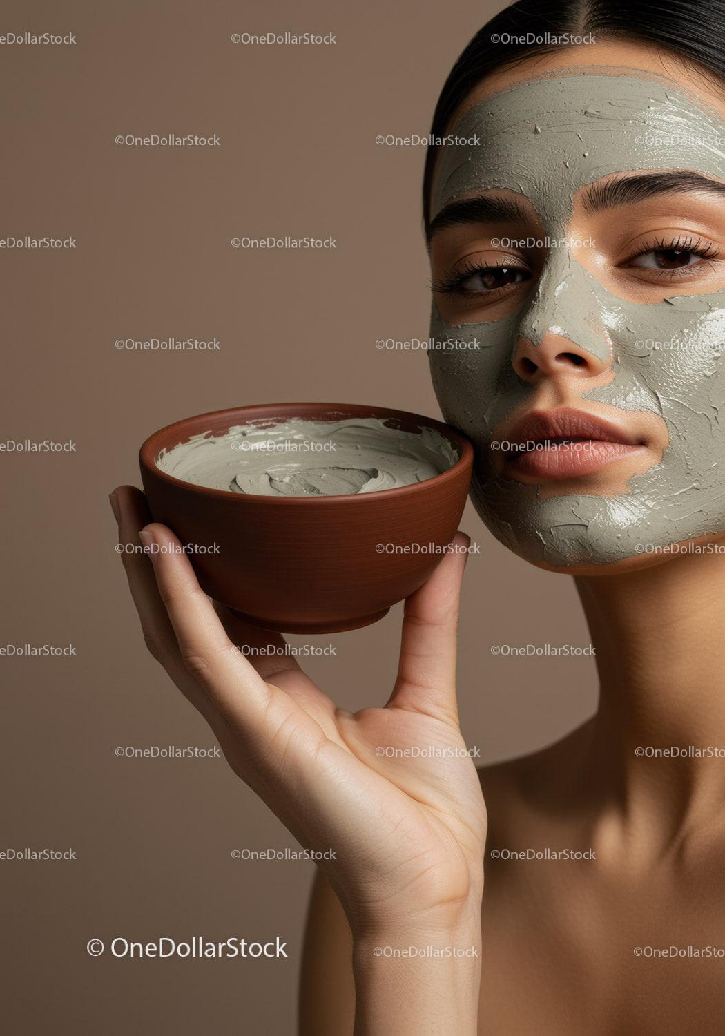 Woman with Green Clay Facial Mask Holding Clay Bowl for Skincare Treatment