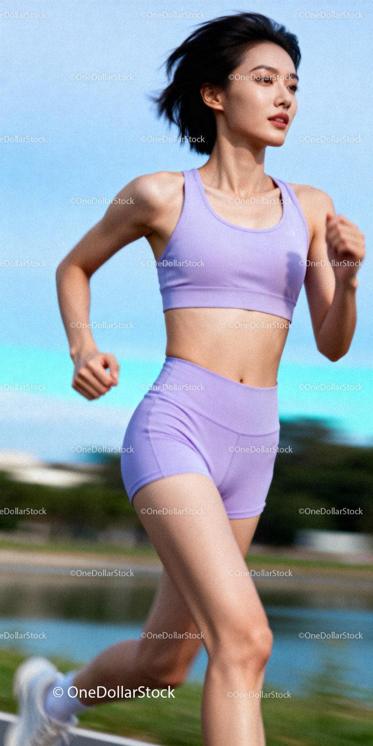 Focused woman running outdoors in lavender sportswear