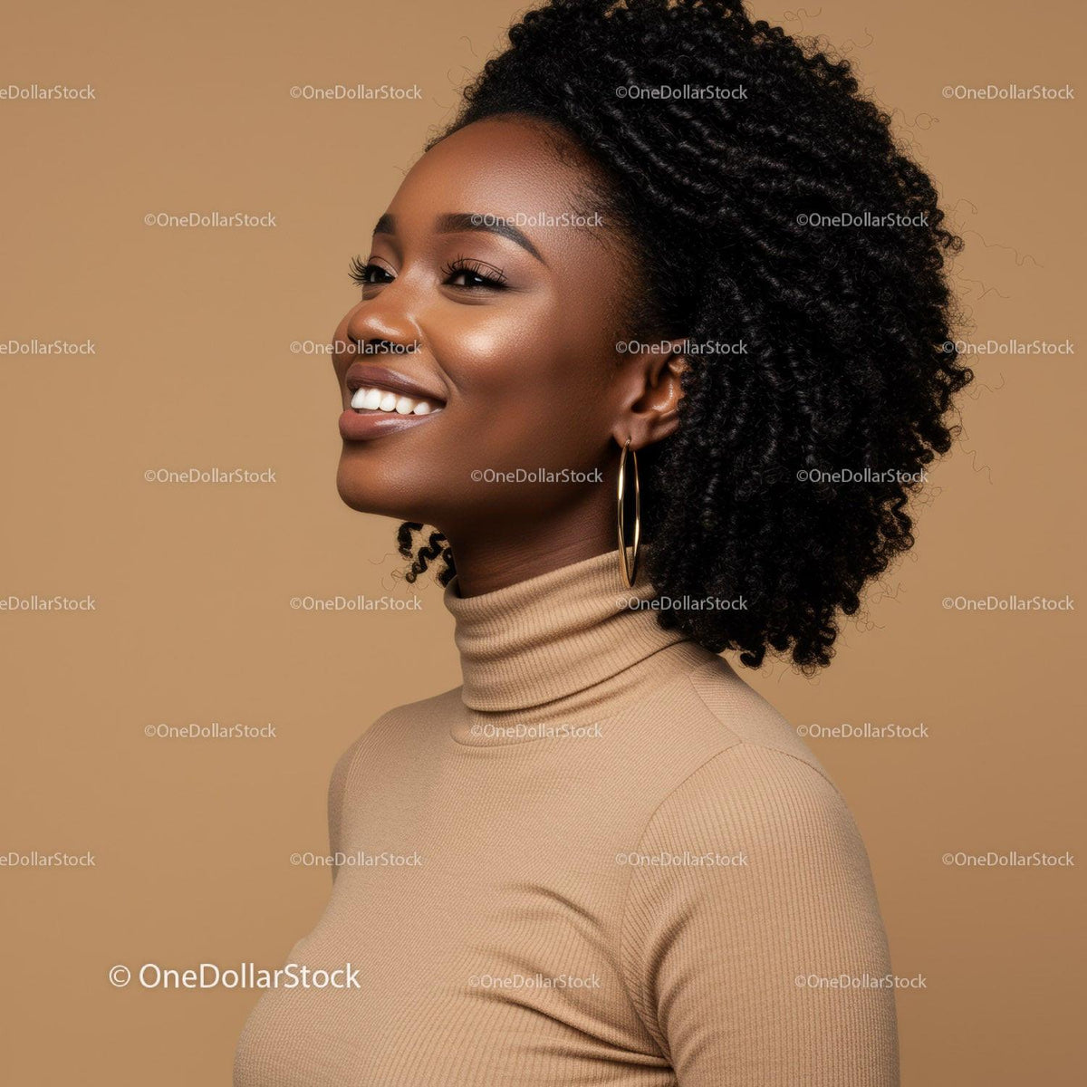 Elegant African American Woman with Curly Hair in Beige Turtleneck