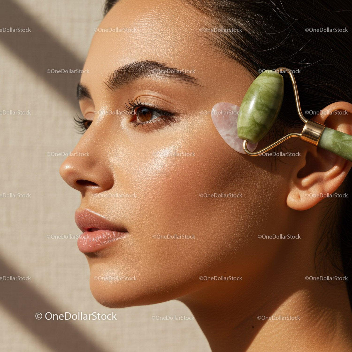 Close-Up of Woman Receiving Facial Massage with Jade Roller