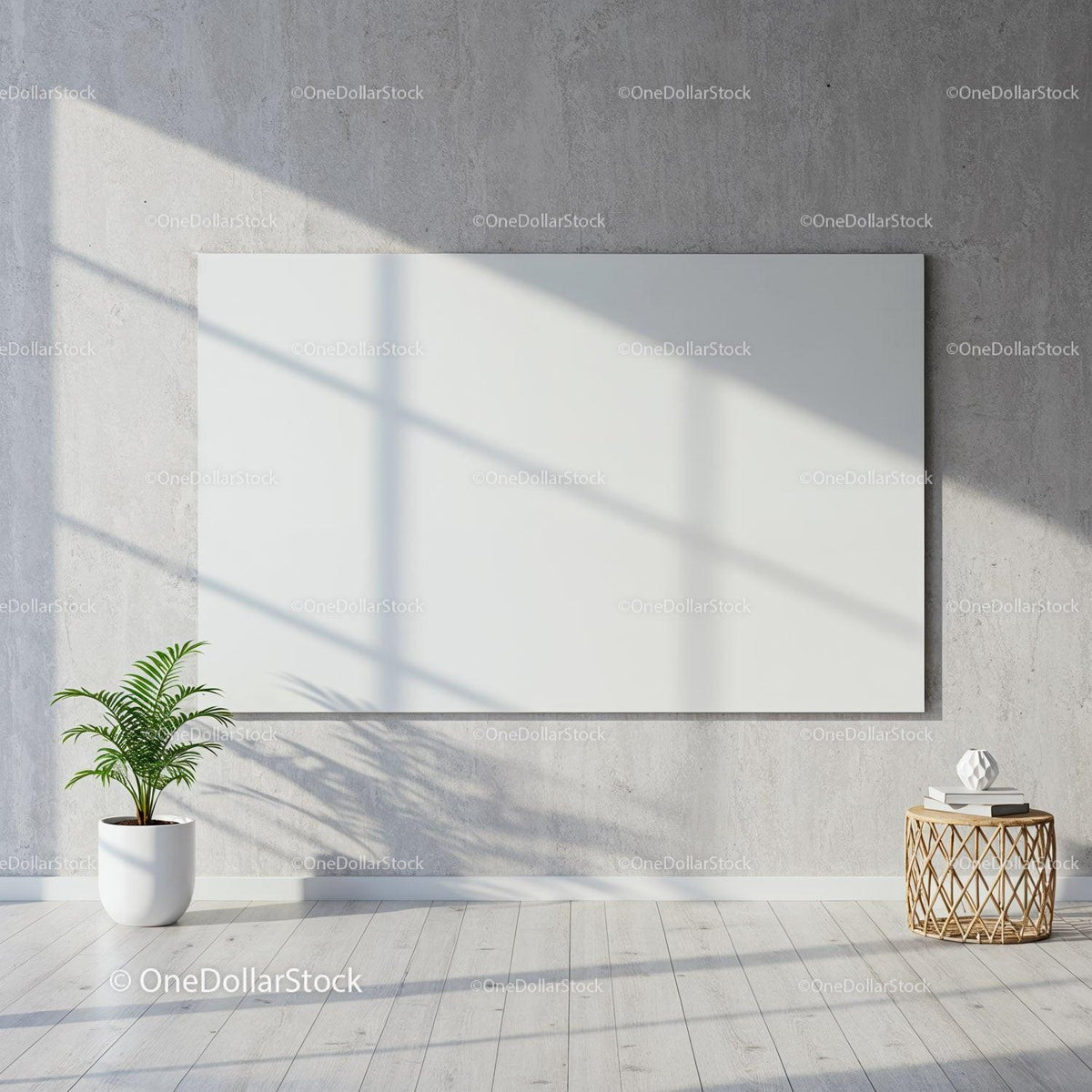 Minimalist room with blank white canvas and indoor plant JPG Mockup Image preview