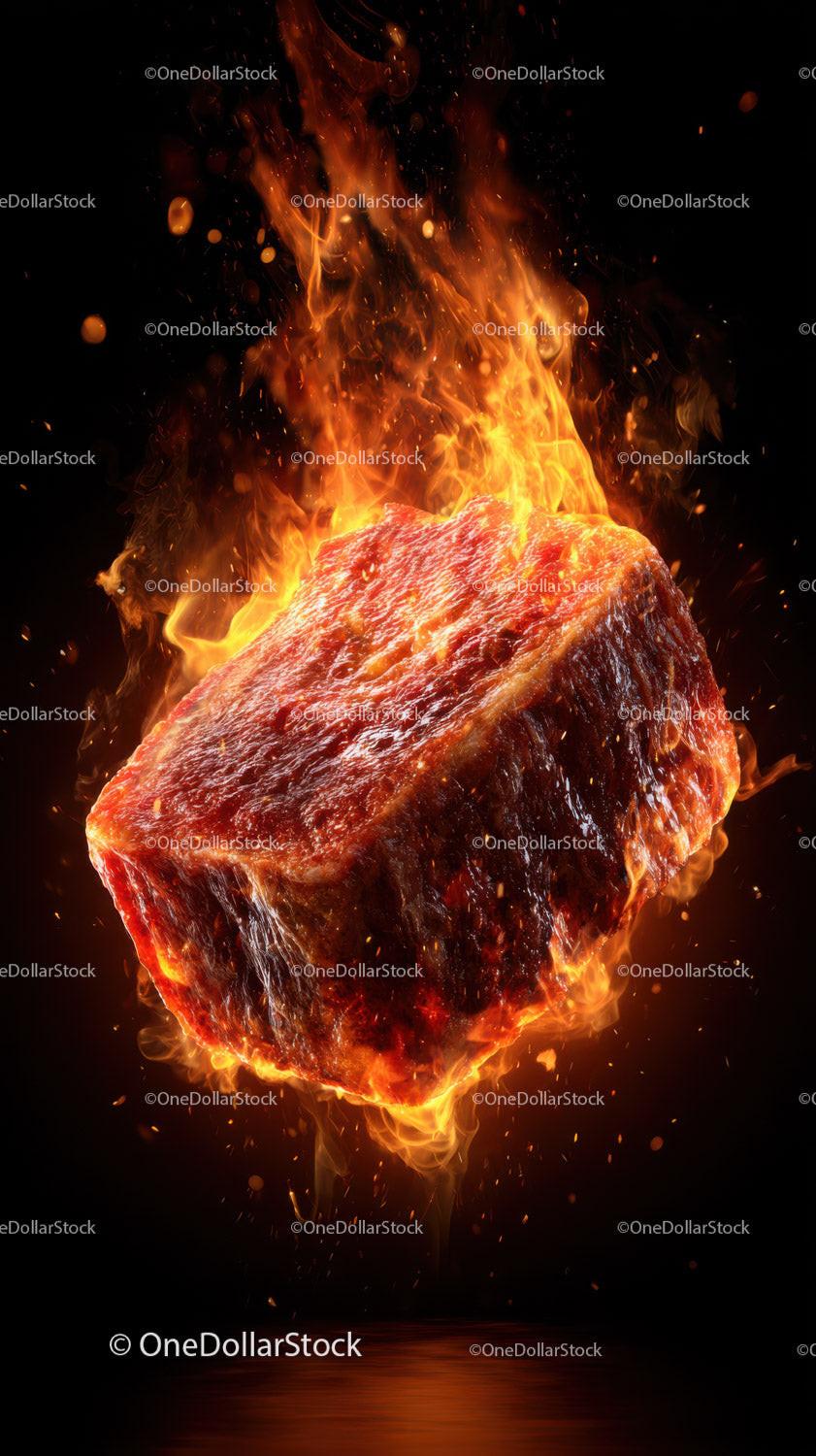 Juicy Beef Steak With Flames for Hot Grill Food Photography