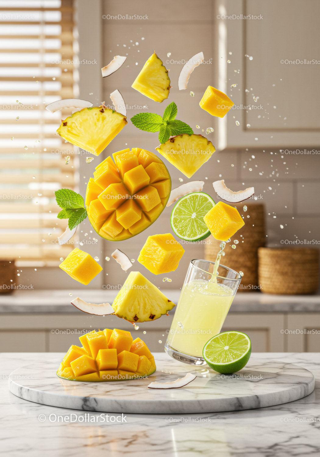 Fresh tropical mango pineapple and lime juice splash