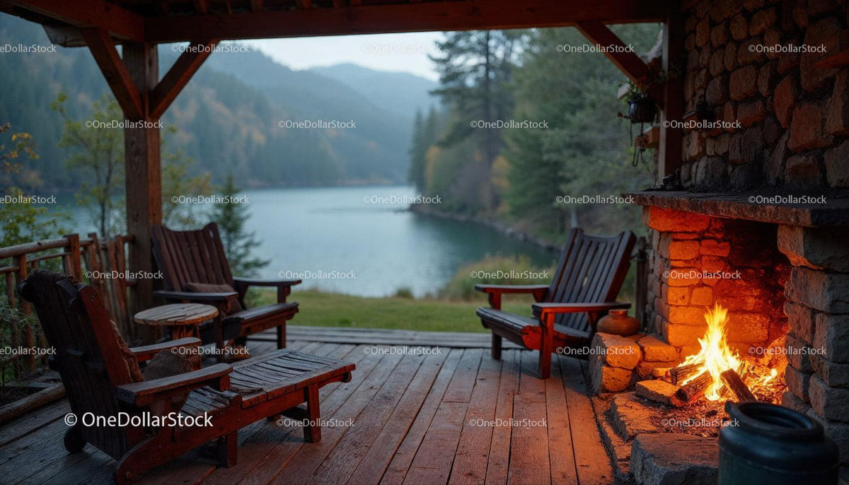 Rustic Porch with Fireplace Overlooking Mountain River Scene