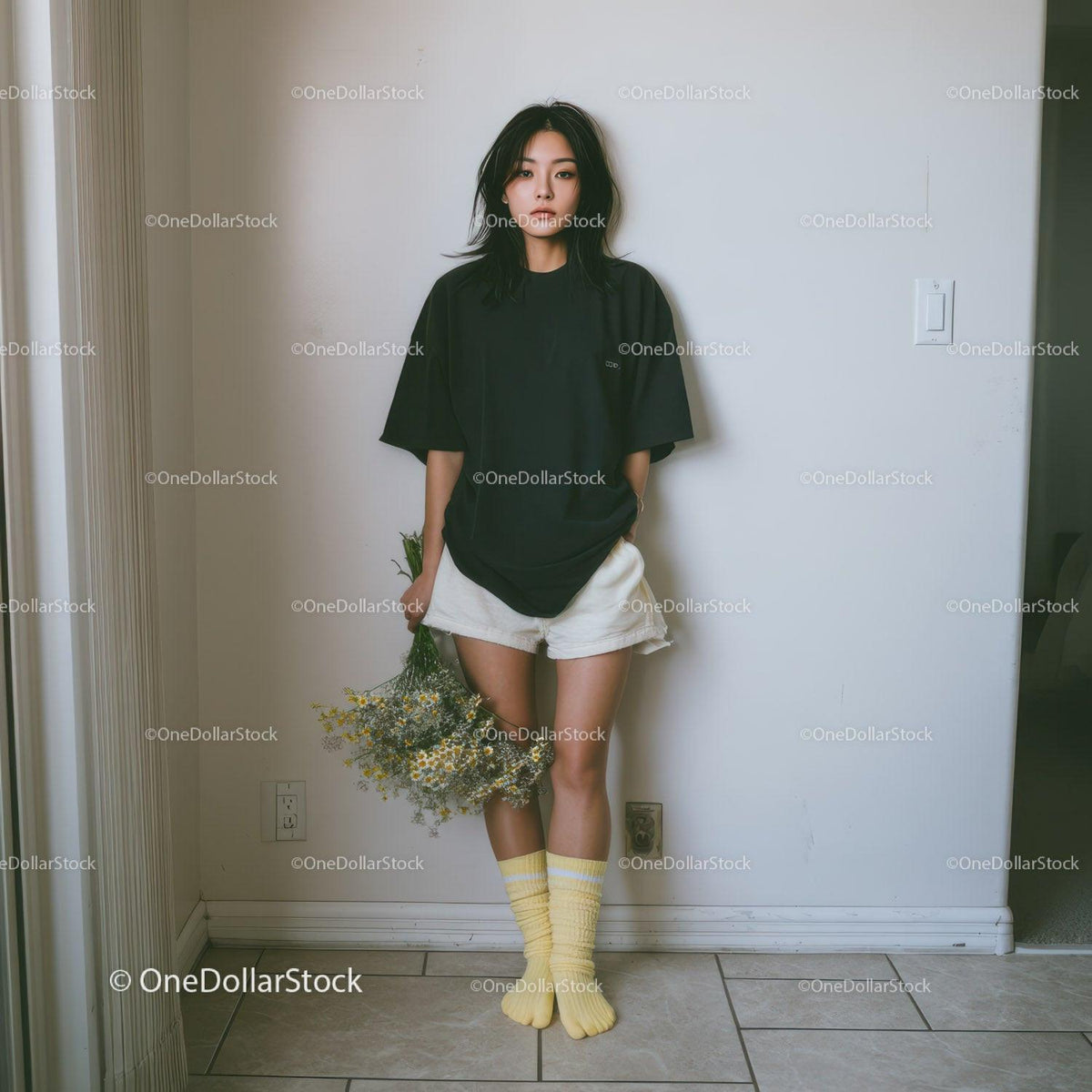 Young Woman in Casual Black T-Shirt and White Shorts with Wildflowers