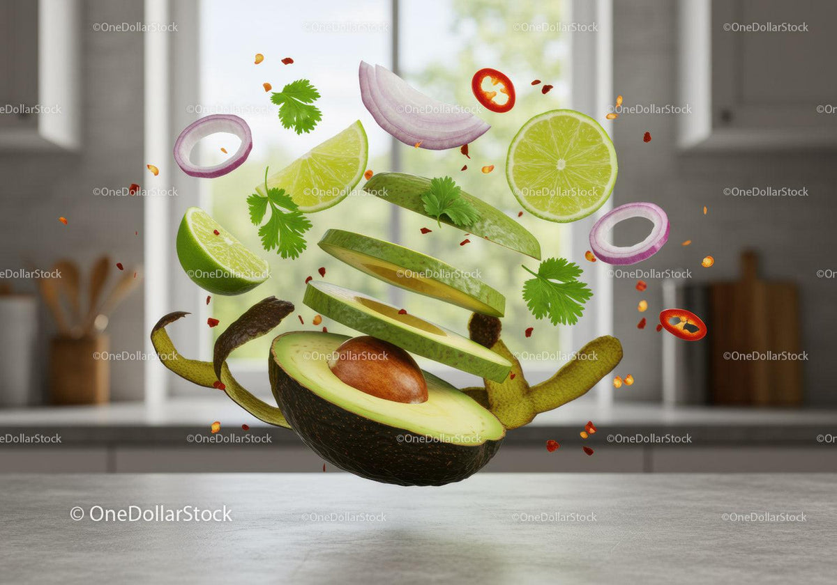Sliced avocado with lime and herbs in midair