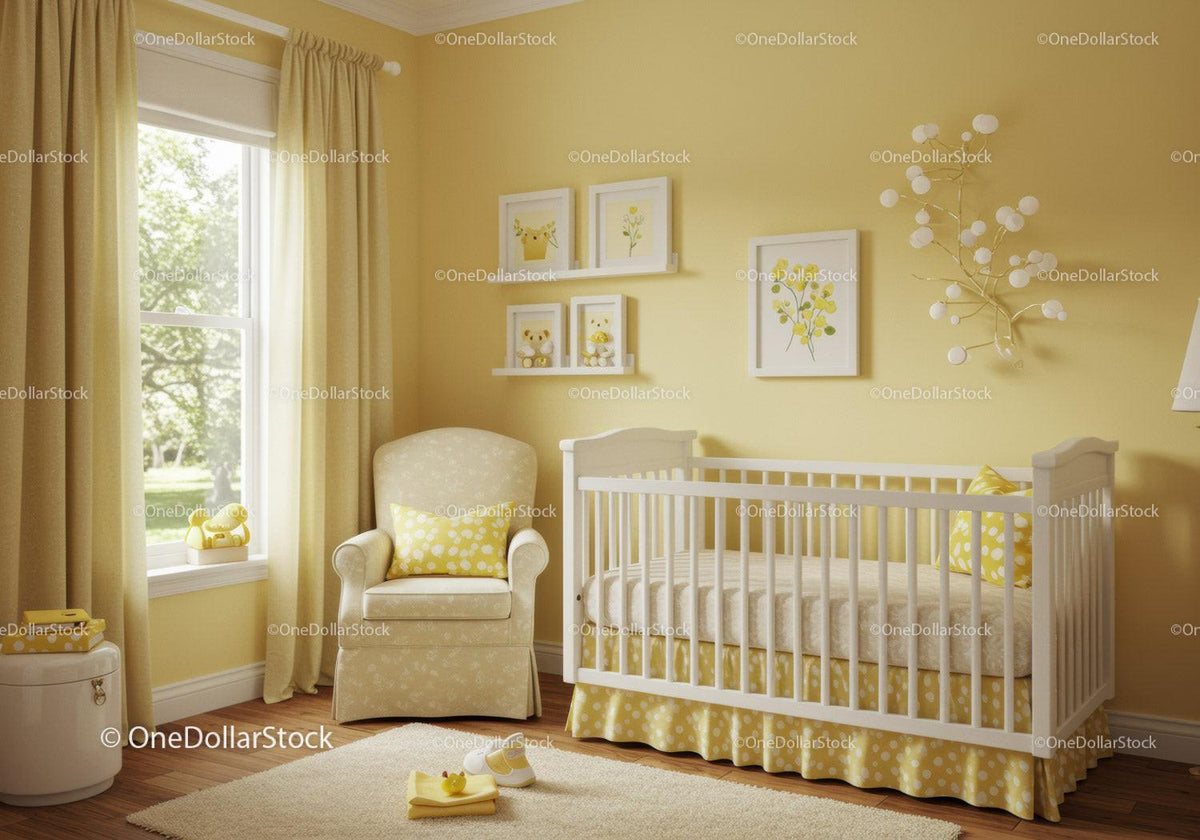Bright Nursery Room with Yellow Walls and White Childrens Furniture
