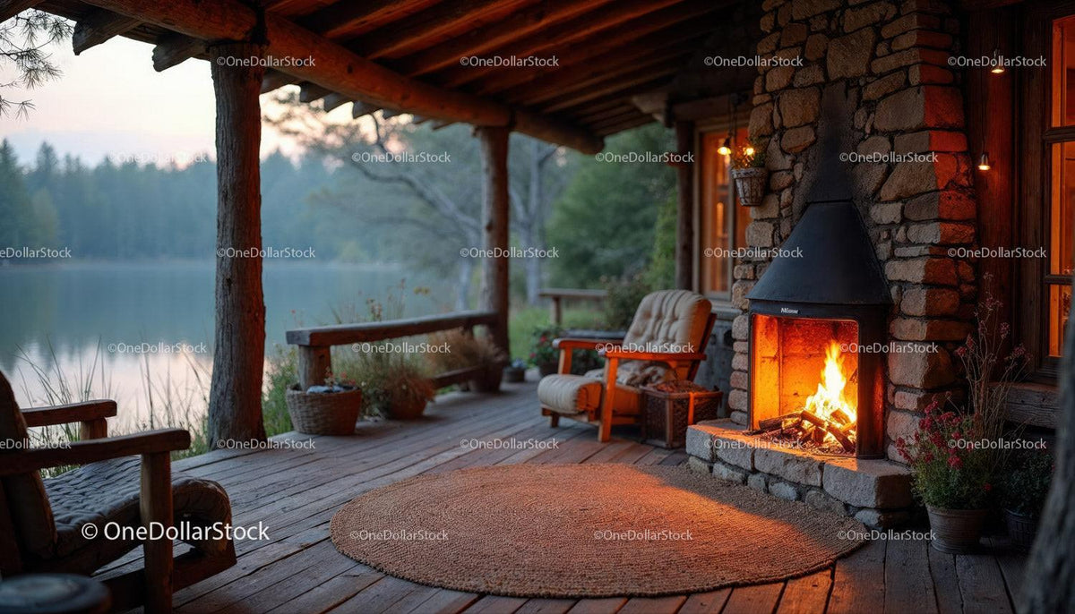 Rustic Lakeside Porch with Fireplace and Cozy Wooden Furniture