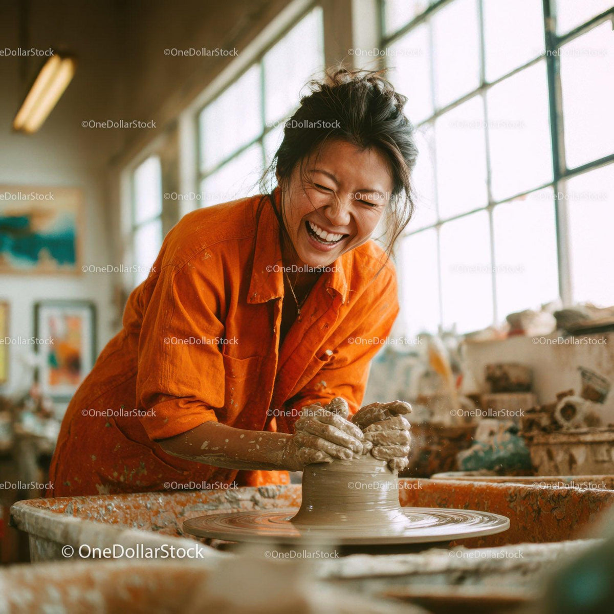 stock photo bundle made with Joyful Woman Creating Handmade Pottery in Artistic Studio Stock Photo Bundle