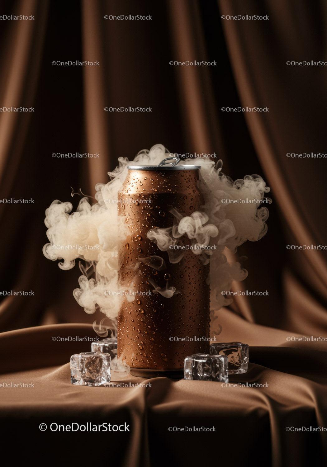 Chilled brown can surrounded by mist and ice cubes