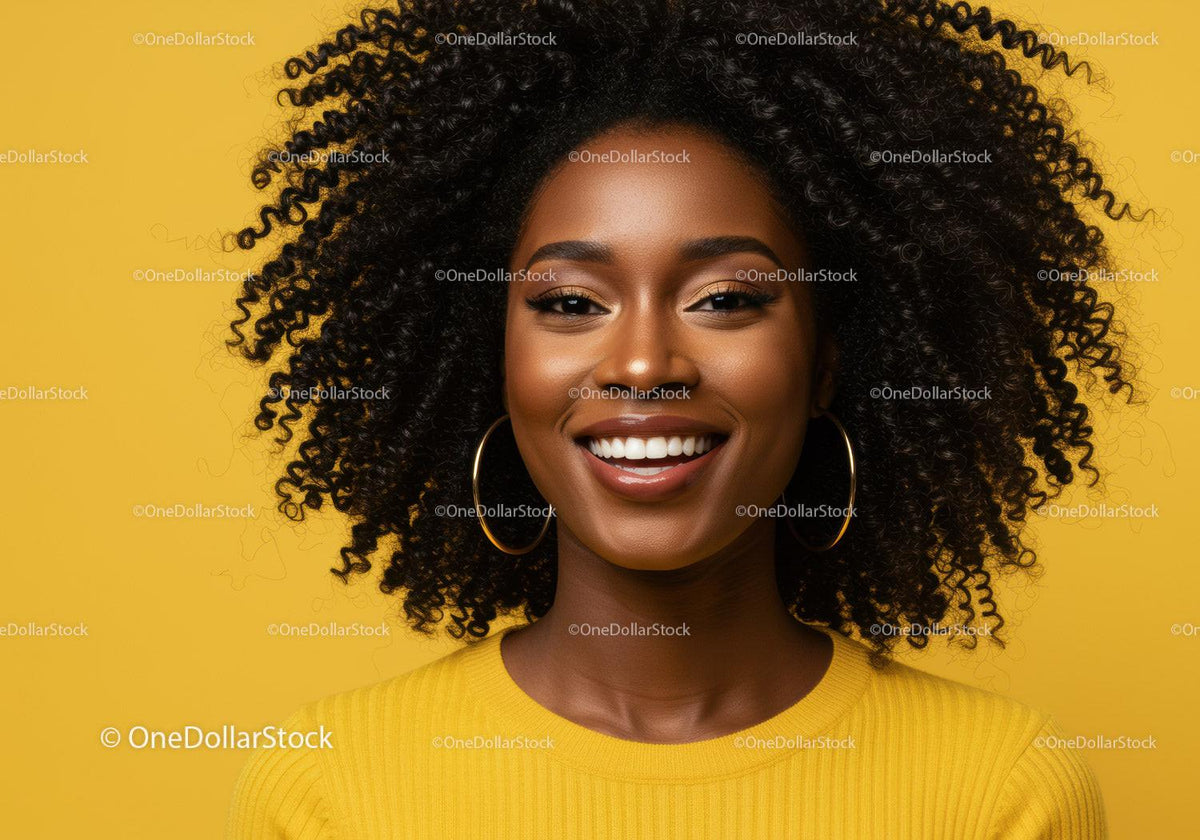 Vibrant Portrait of a Smiling Woman with Curly Hair in Yellow