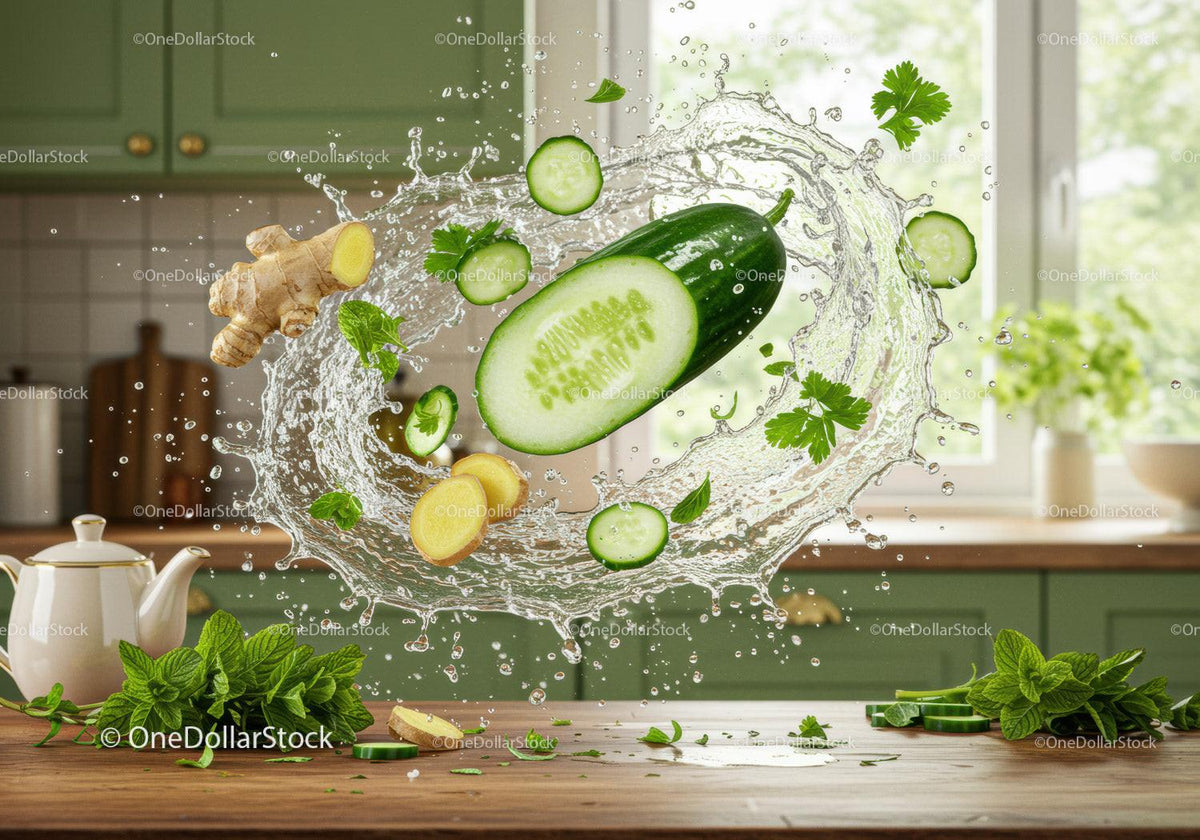 Fresh cucumber and ginger splash in bright kitchen