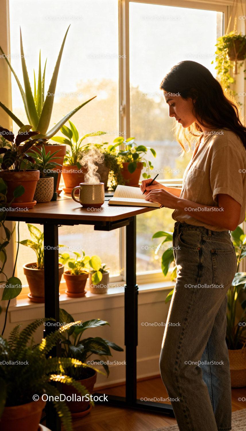 Woman writing in notebook surrounded by indoor plants