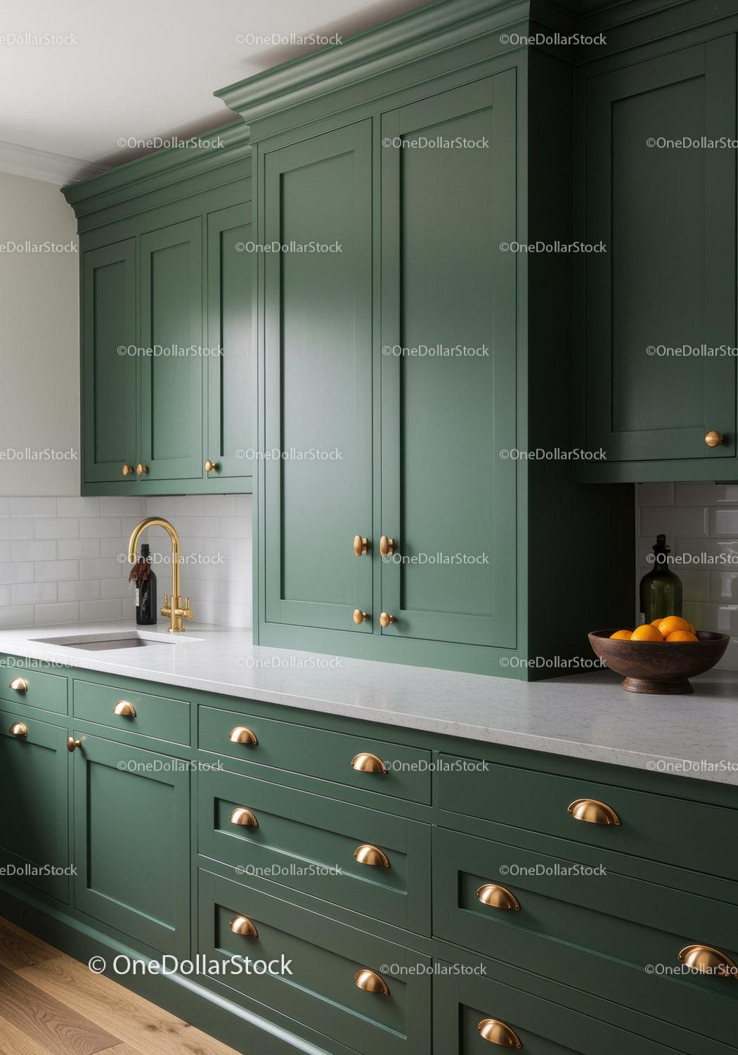 Modern Green Kitchen Cabinets with Gold Handles and White Marble Countertop