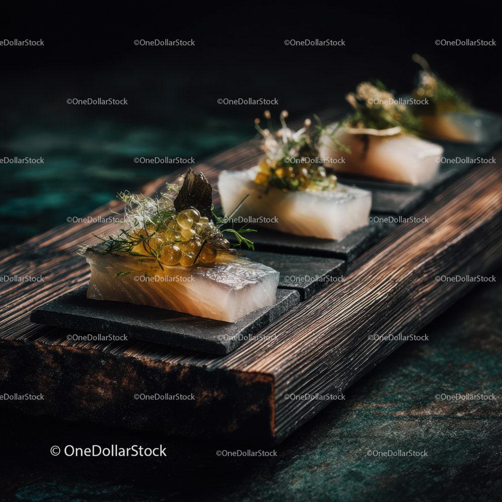Elegant Sashimi Platter with Fresh Fish and Edible Flowers Stock Photo Bundle preview