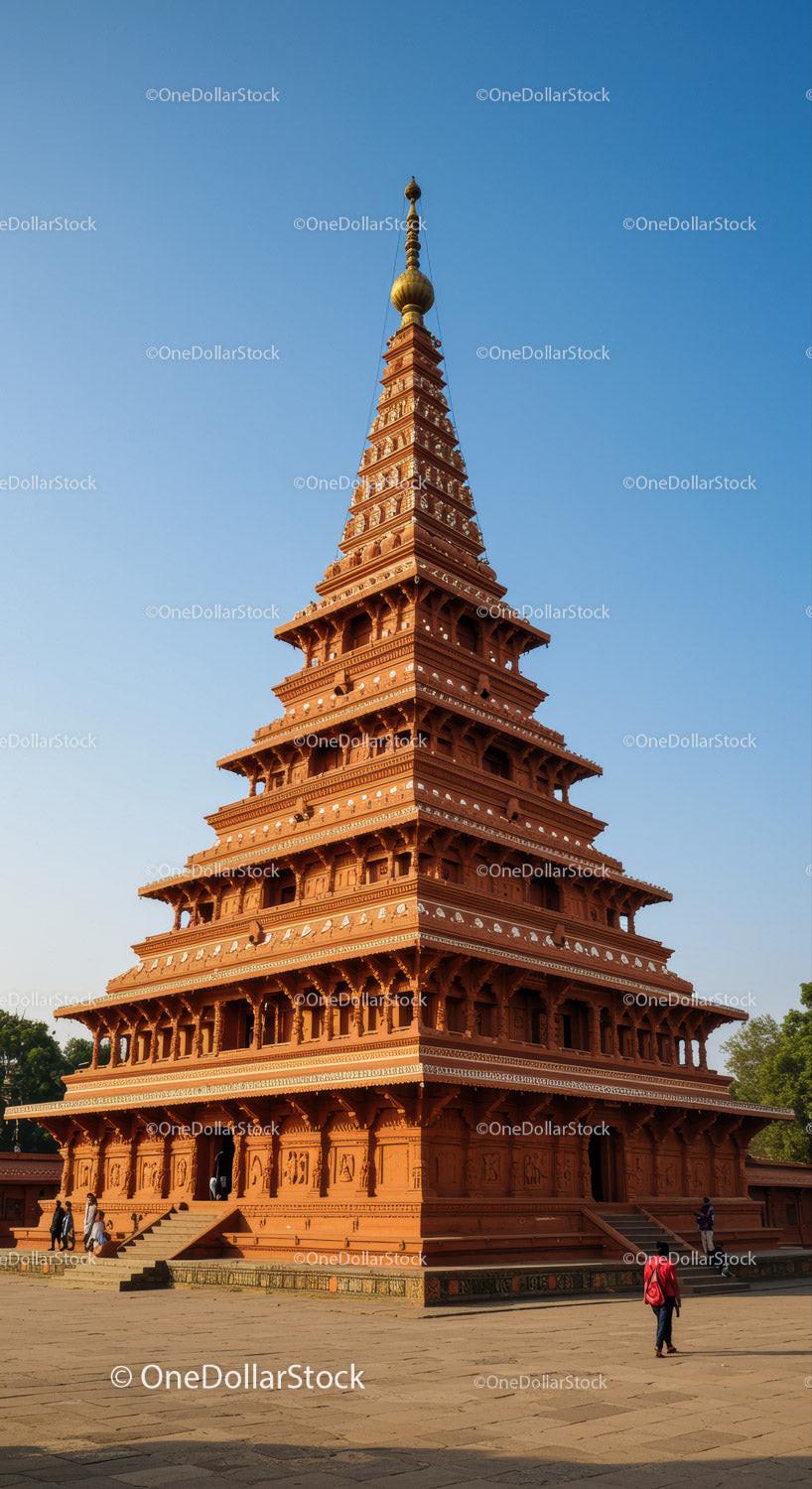 Ancient Red Brick Pagoda with Traditional Architecture in Clear Sky