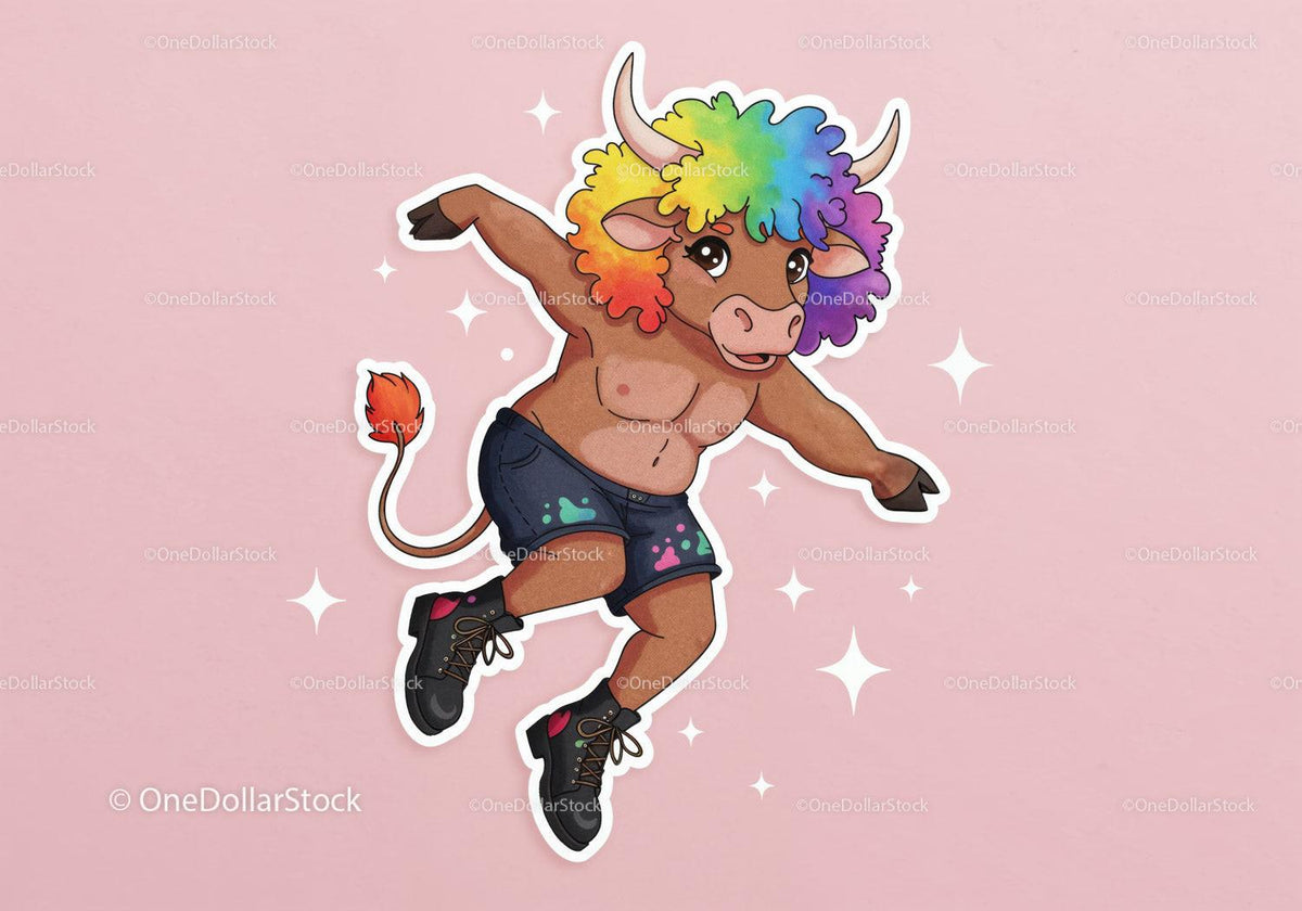 Colorful Cartoon Bull with Rainbow Hair in Funky Streetwear Stock Photo Bundle preview 20