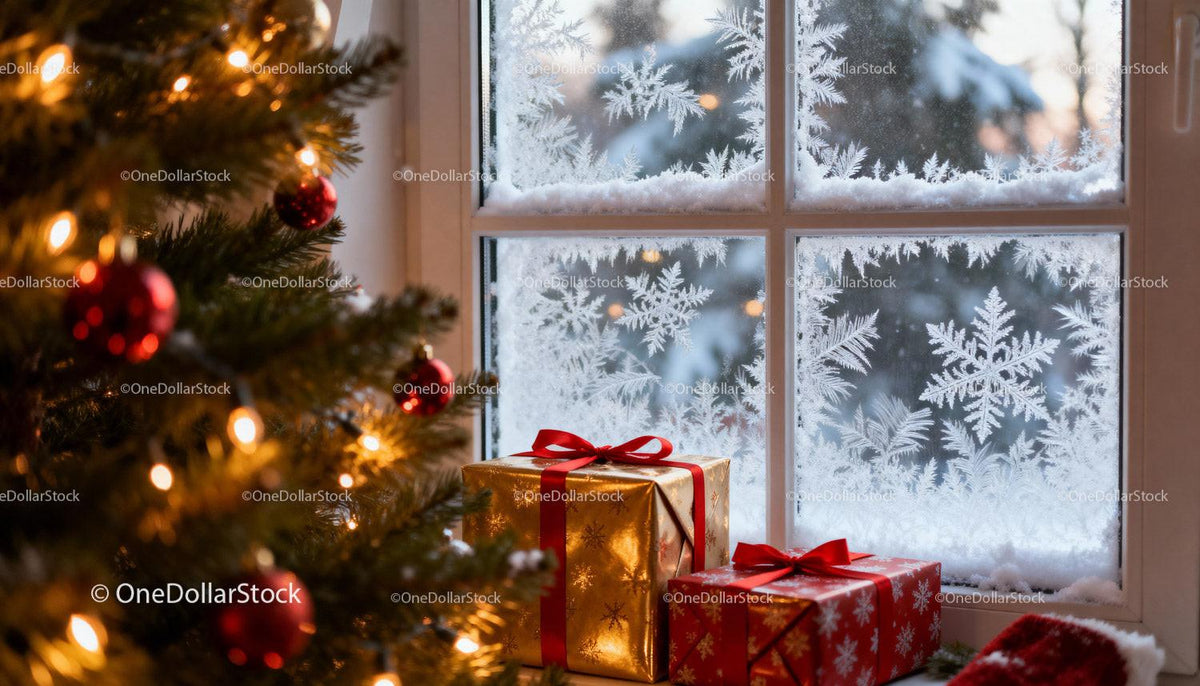 Cozy Christmas Gifts Near Frosted Window with Tree