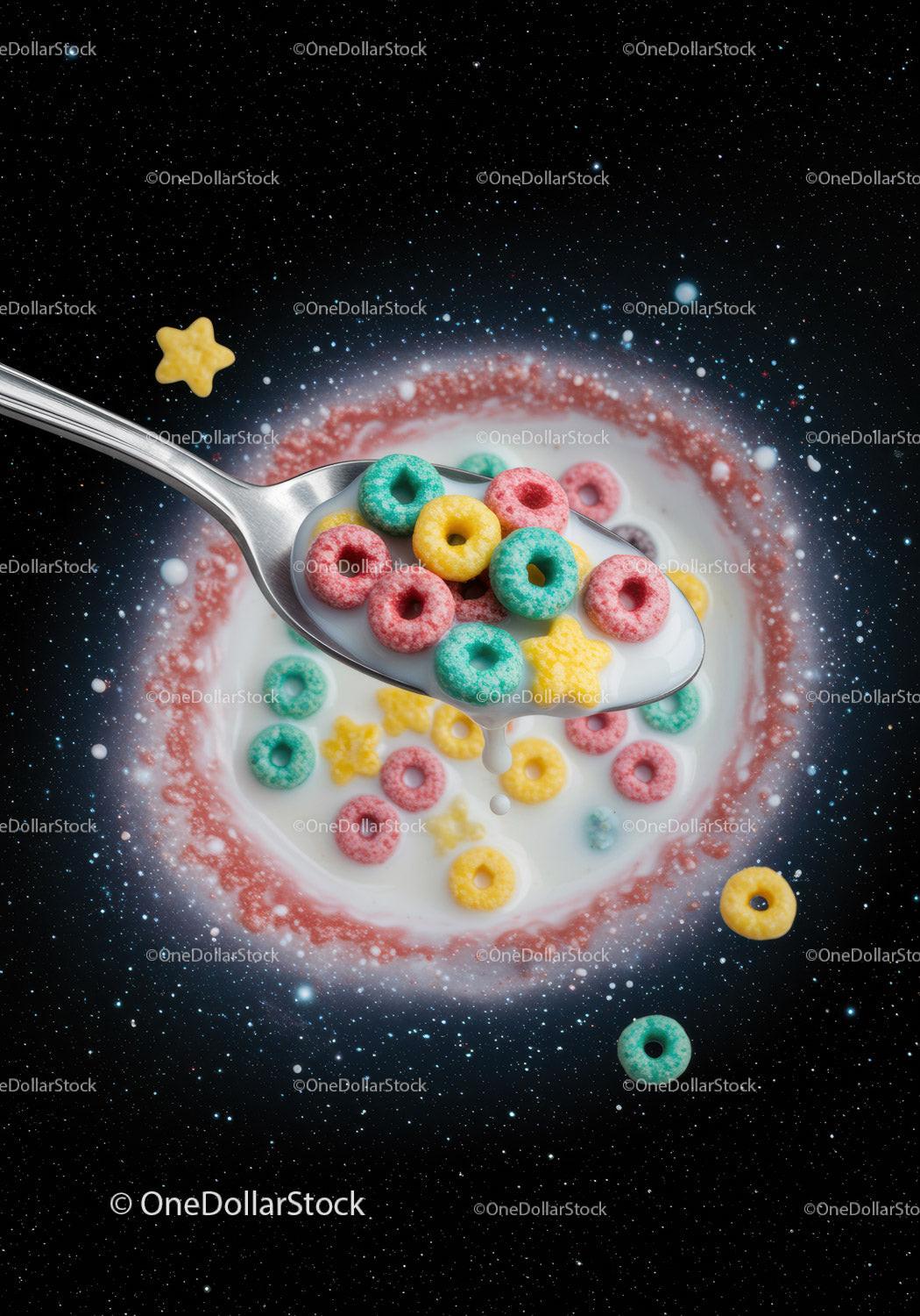 Colorful Cereal in Milk Spoon Floating in Space