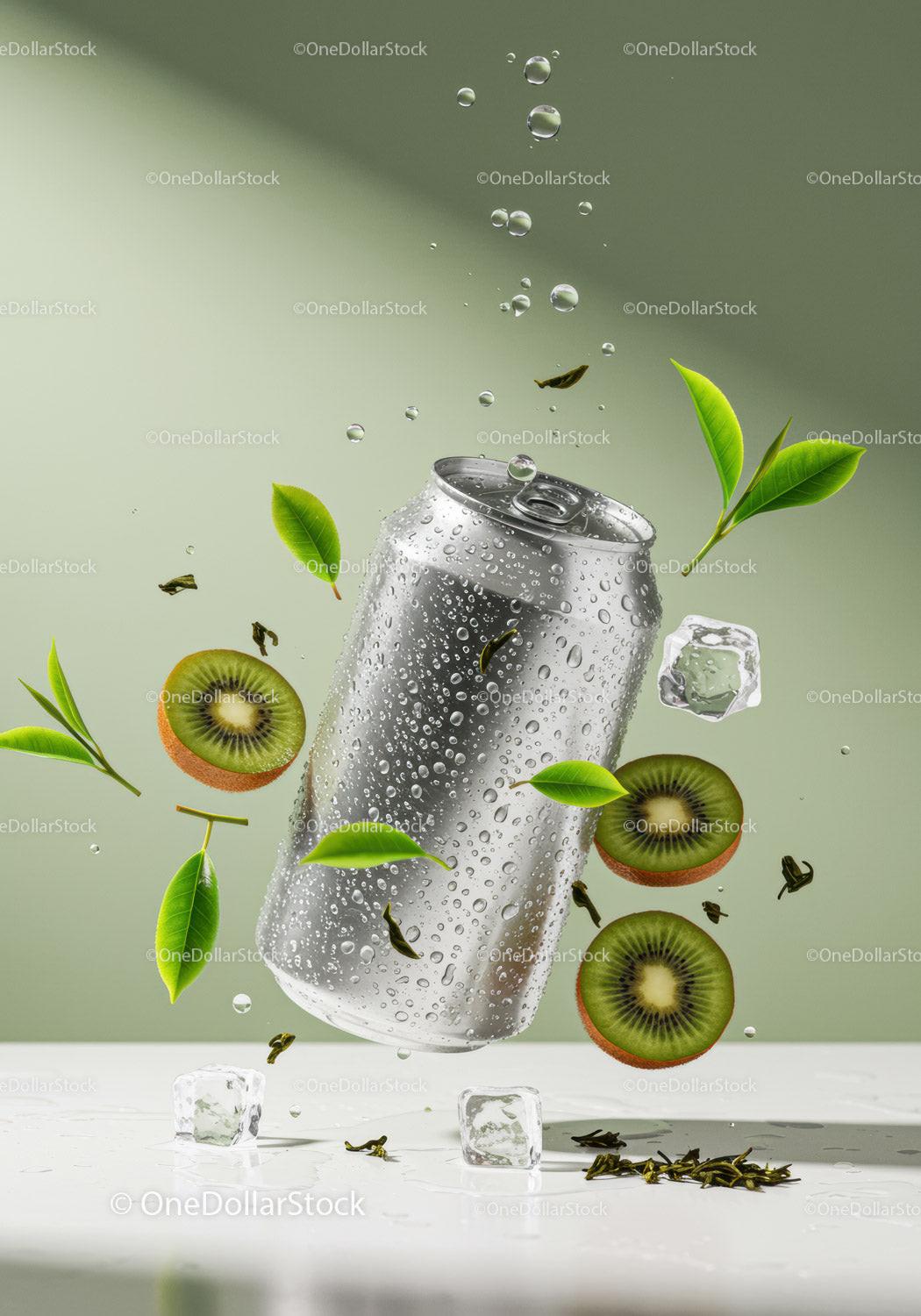 Refreshing kiwi and green tea beverage with ice cubes