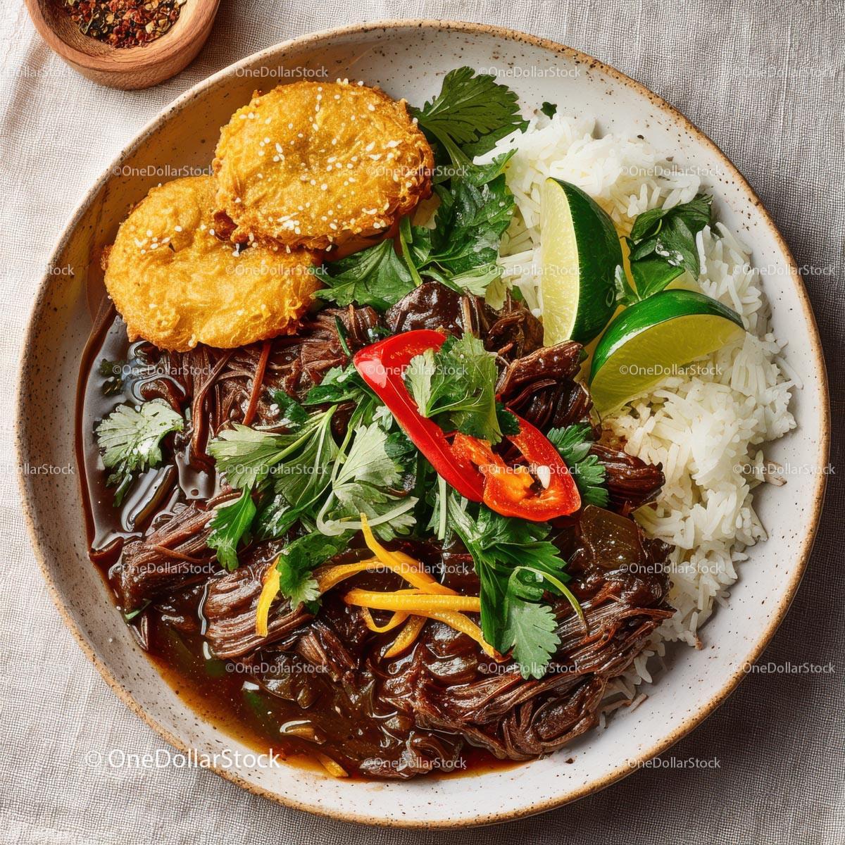 Delicious Asian Beef Bowl with Cilantro and Crispy Snacks