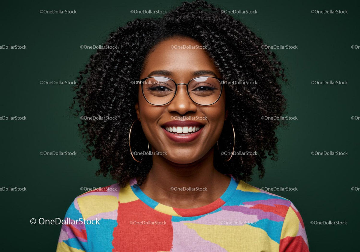 Portrait of a Smiling Woman with Curly Hair Wearing Colorful Top