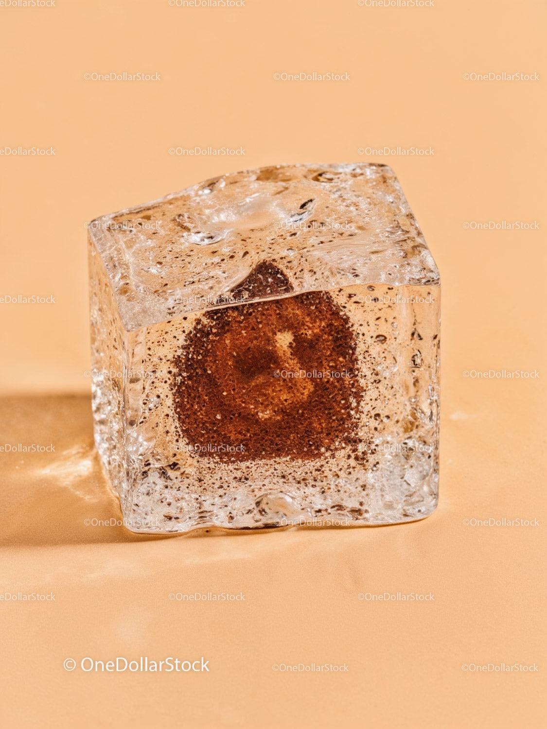 Ice cube encapsulating a coffee ground block