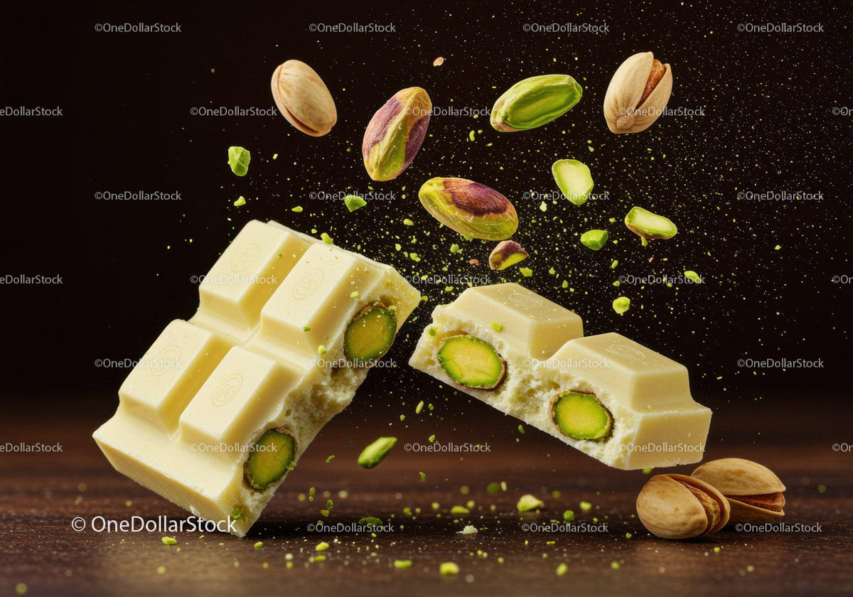 White chocolate pieces with vibrant pistachios scattered