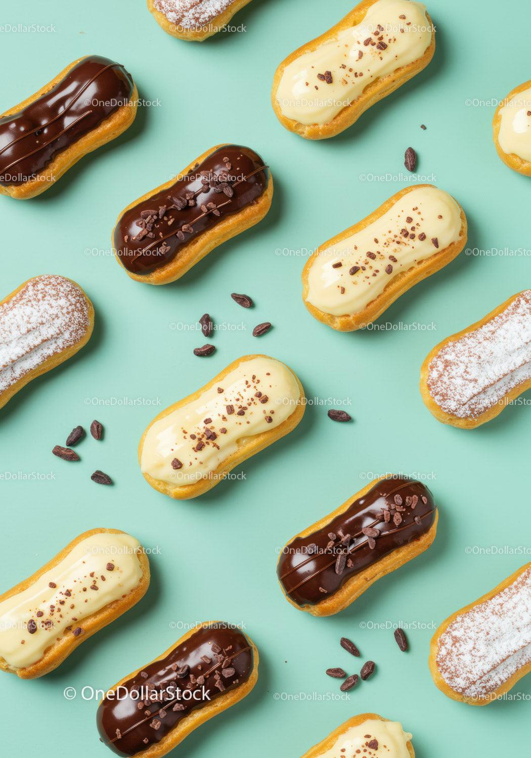 Delicious chocolate and vanilla éclairs on turquoise background