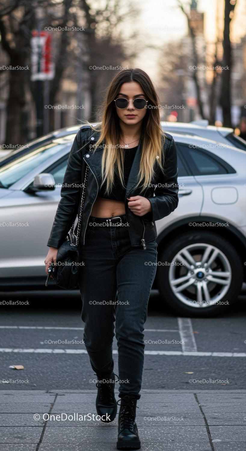 Young woman walking confidently on urban street