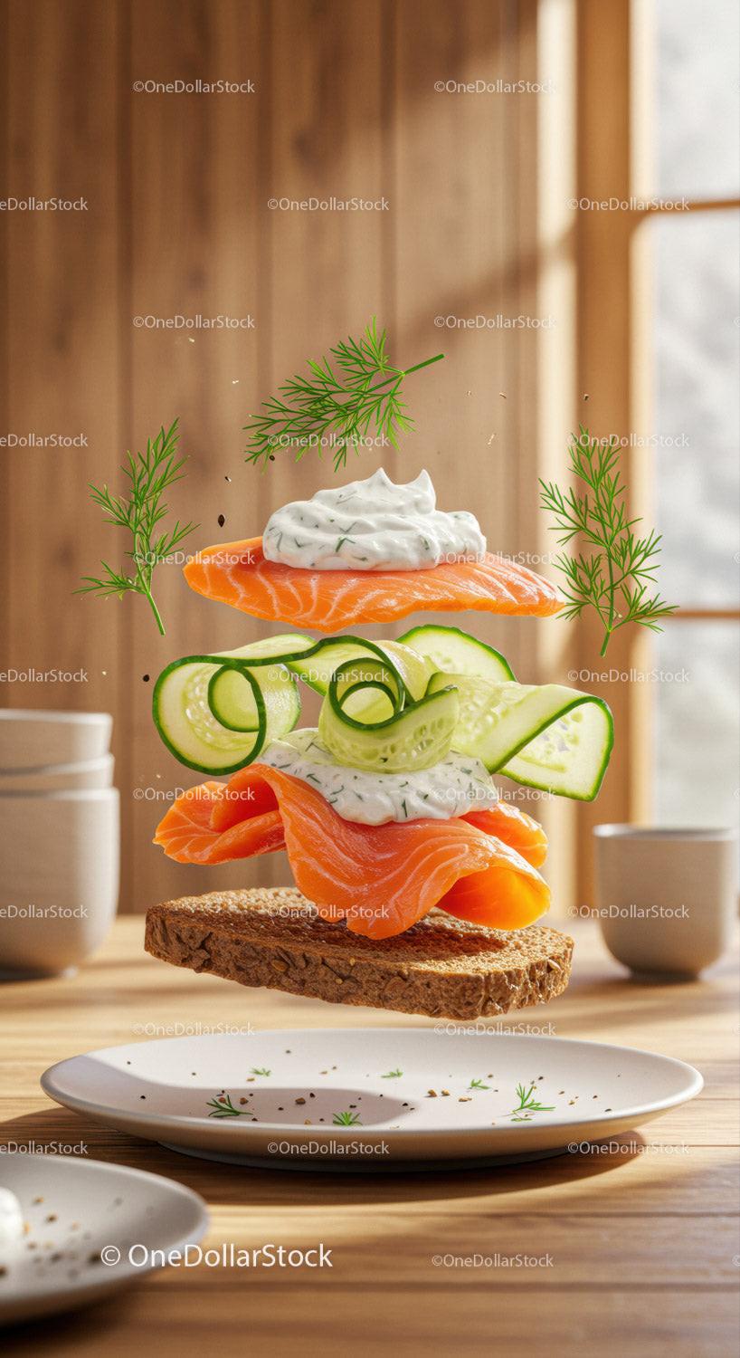 Fresh salmon sandwich layers with cucumber and herb cream